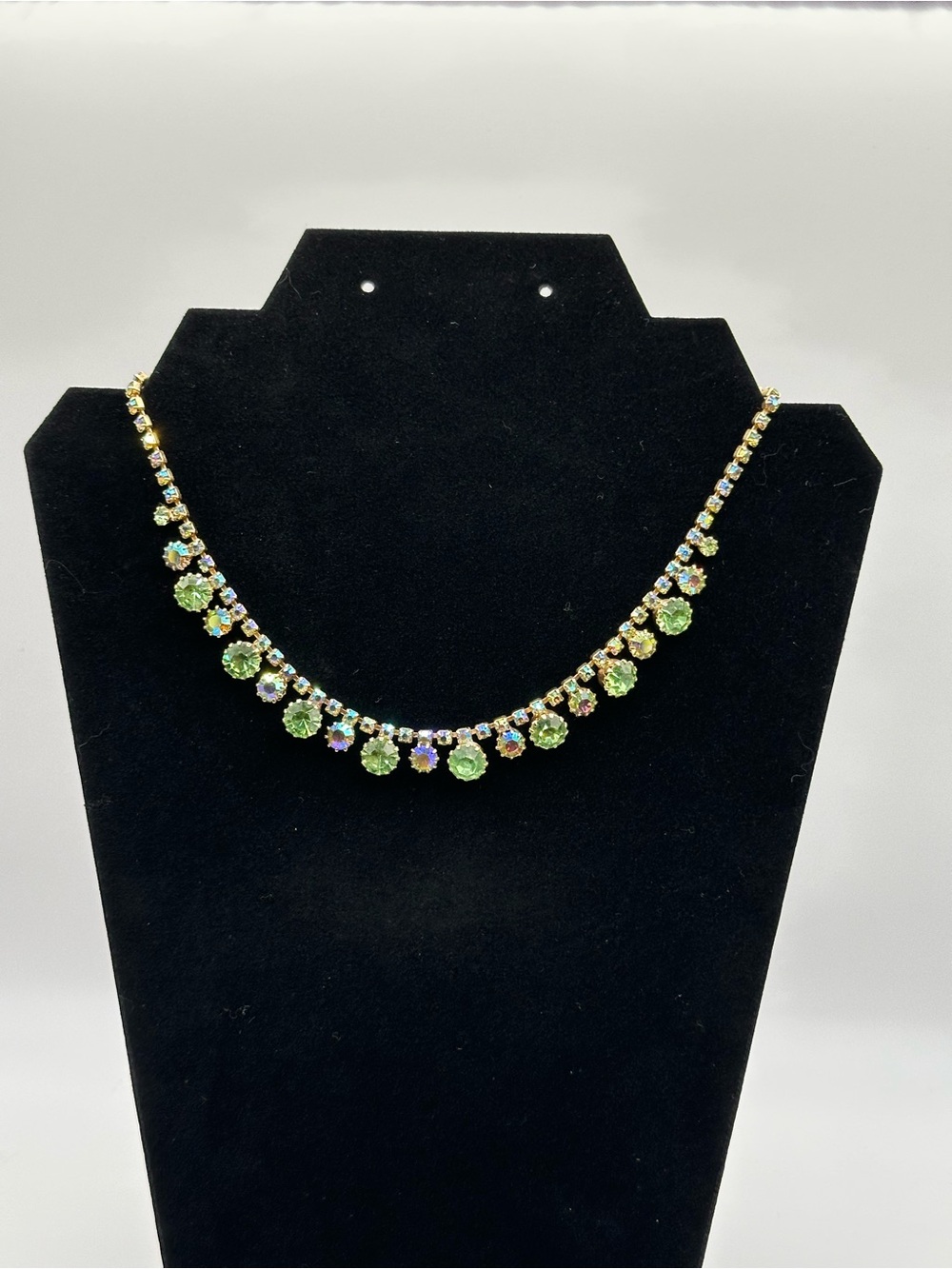 Vintage Weiss Statement Necklace Green Rhinestones Gold Tone Signed